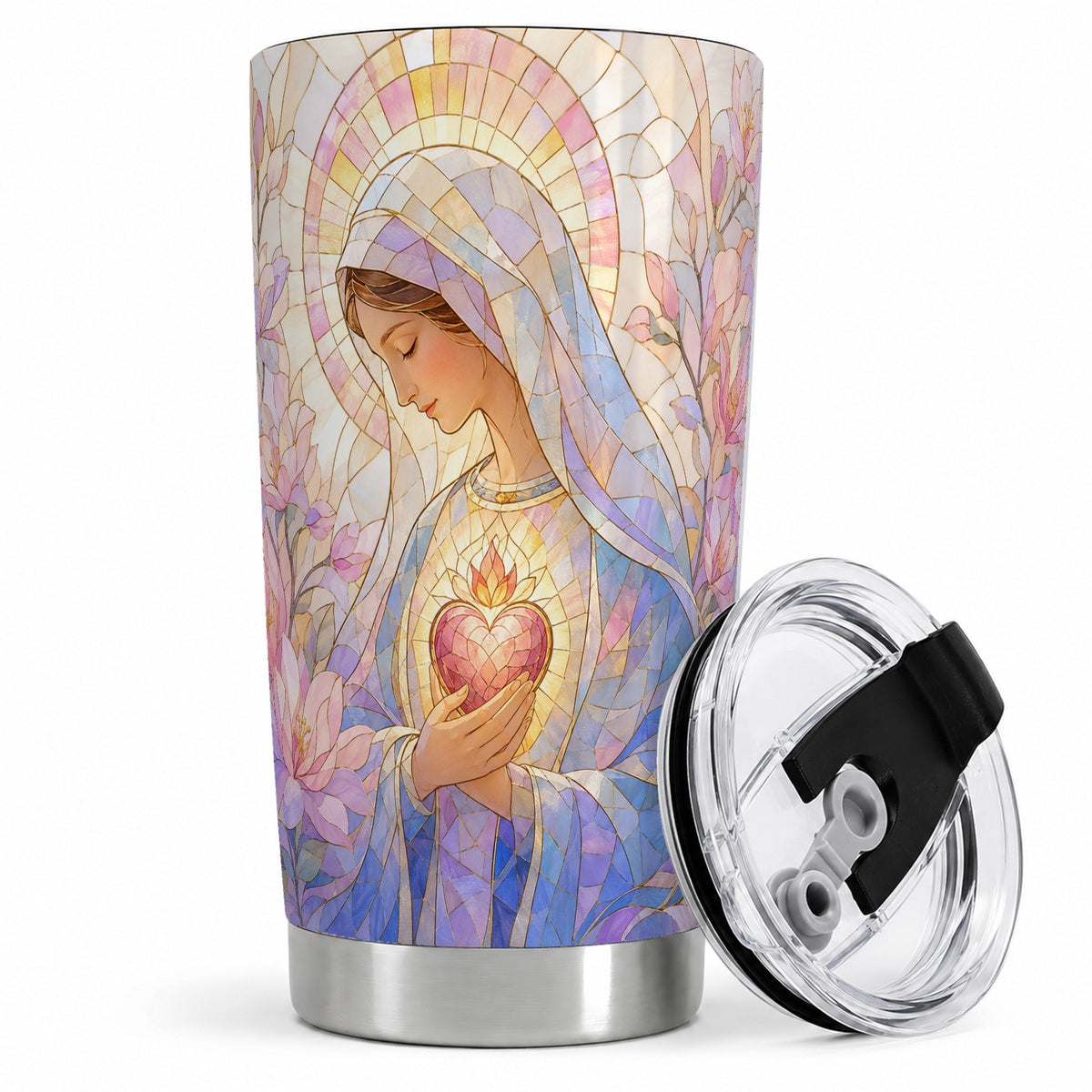 Marian Stained Glass 20oz Tumbler, Floral Religious Art for Christians
