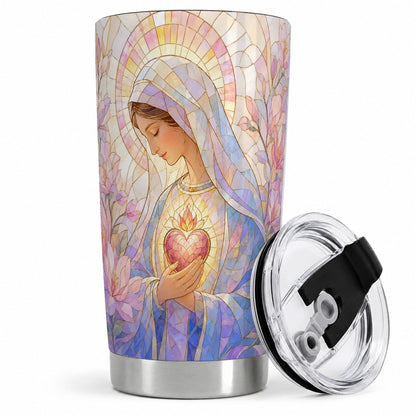 Marian Stained Glass 20oz Tumbler, Floral Religious Art for Christians