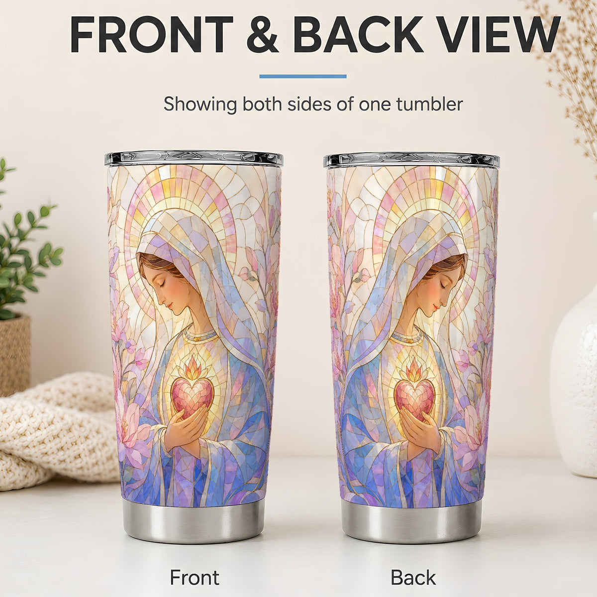 #pl[20oz|Steel] Marian Stained Glass 20oz Tumbler, Floral Religious Art for Christians