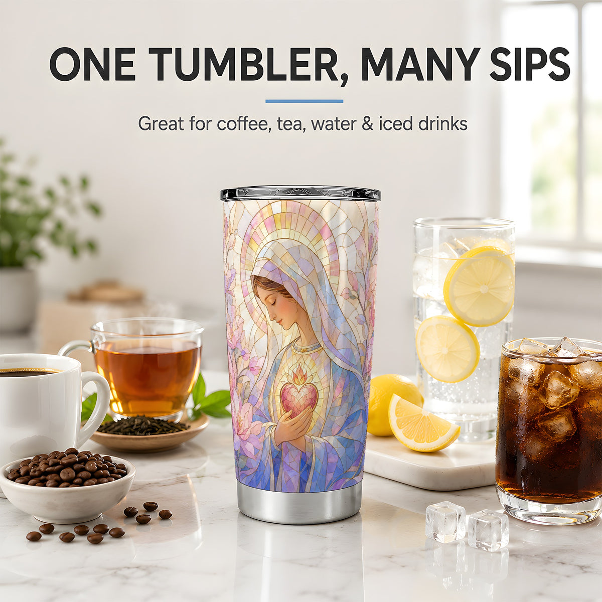 #pl[20oz|Steel] Marian Stained Glass 20oz Tumbler, Floral Religious Art for Christians
