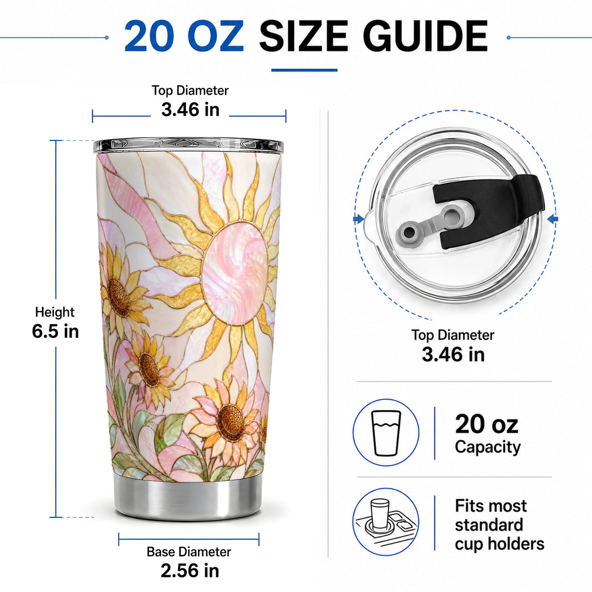 #pl[20oz|Steel] Stained Glass Sunflower 20oz Tumbler, Pastel Sun Art for Flower Fans