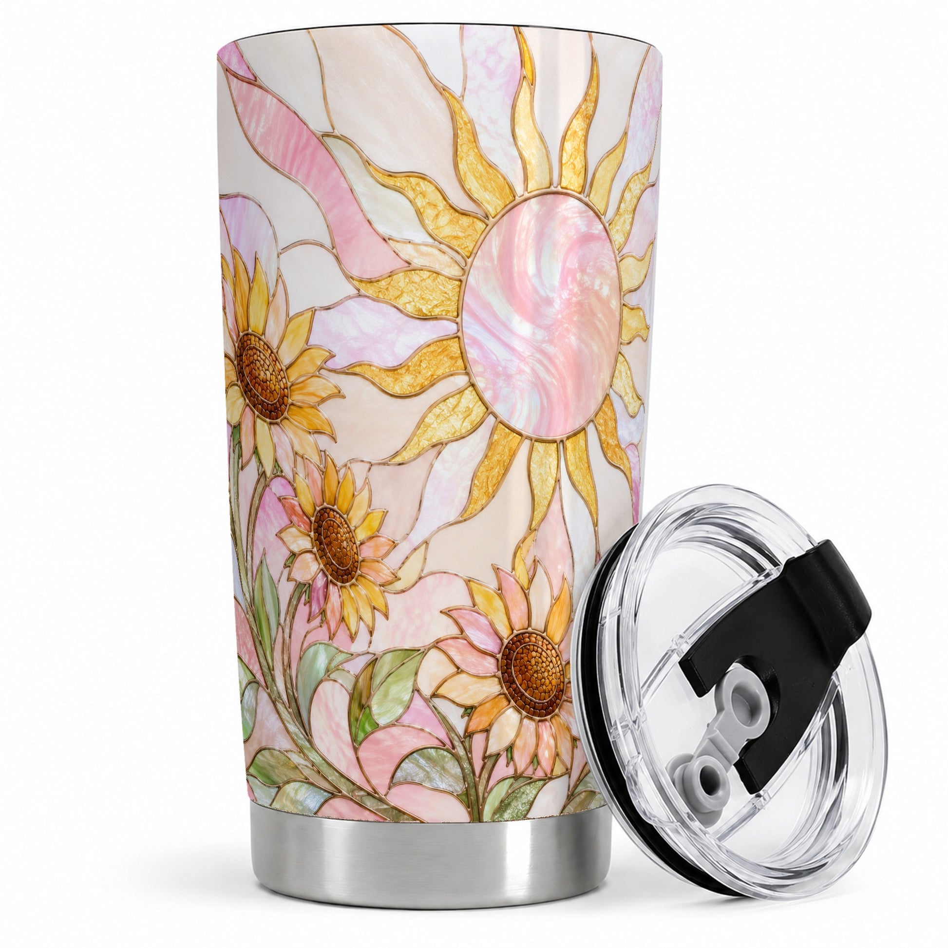 Stained Glass Sunflower 20oz Tumbler, Pastel Sun Art for Flower Fans