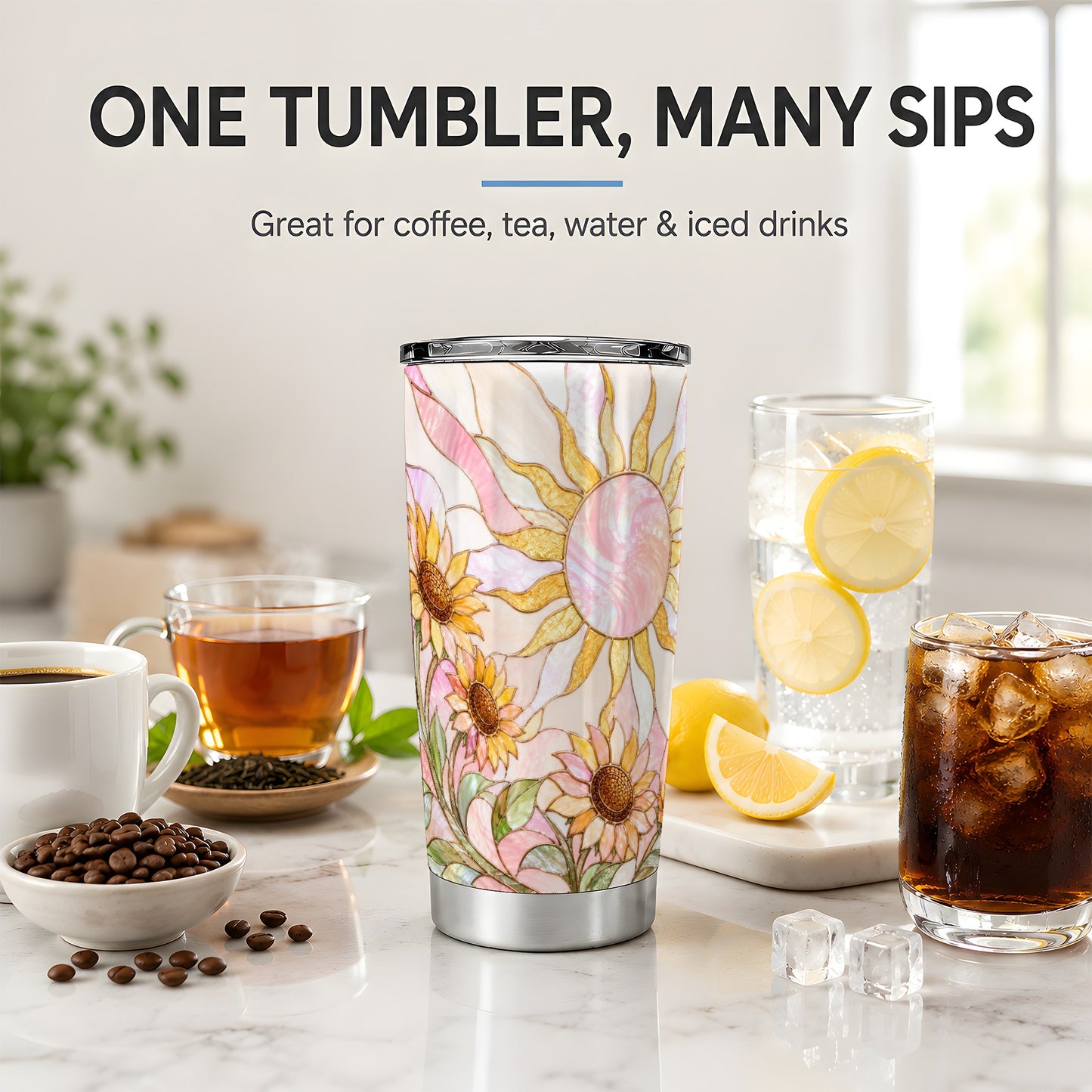 #pl[20oz|Steel] Stained Glass Sunflower 20oz Tumbler, Pastel Sun Art for Flower Fans
