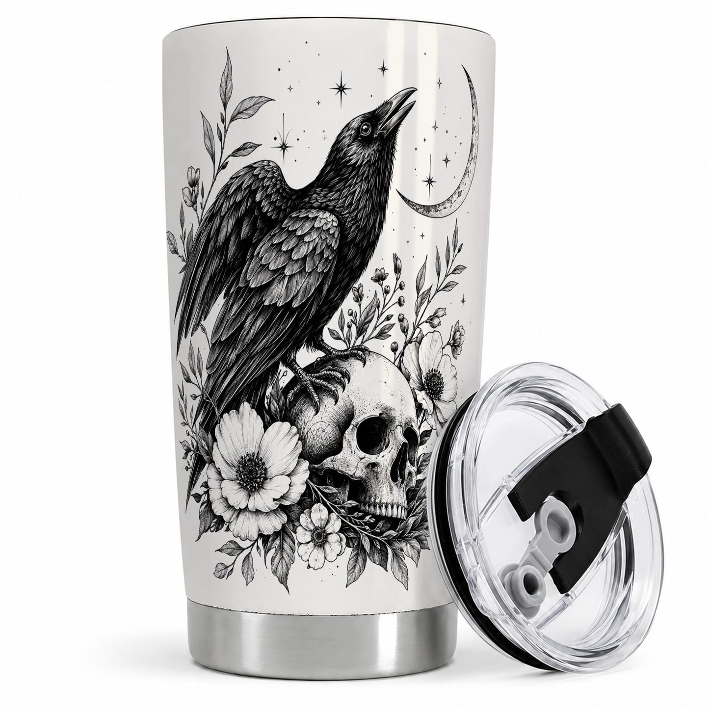 Raven Skull Floral 20oz Tumbler, Crescent Moon Gothic Art for Raven Fans