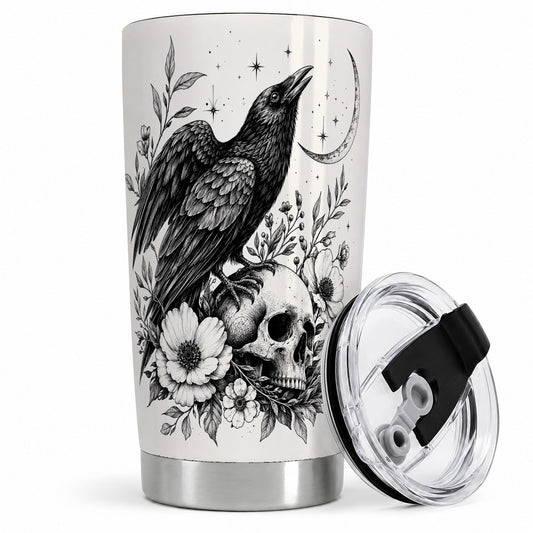 Raven Skull Floral 20oz Tumbler, Crescent Moon Gothic Art for Raven Fans