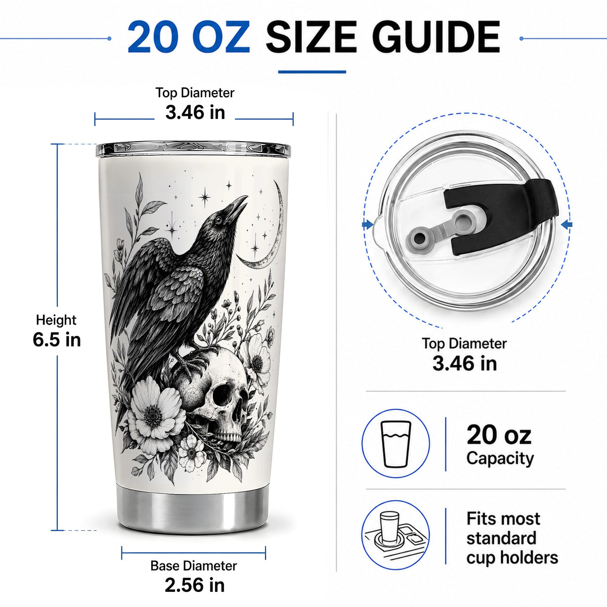 #pl[20oz|Steel] Raven Skull Floral 20oz Tumbler, Crescent Moon Gothic Art for Raven Fans