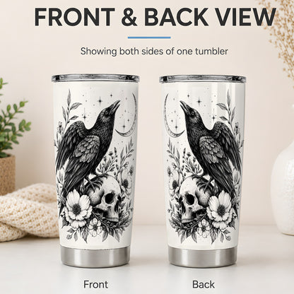 #pl[20oz|Steel] Raven Skull Floral 20oz Tumbler, Crescent Moon Gothic Art for Raven Fans