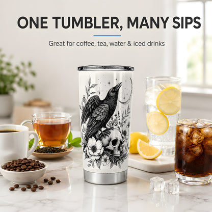 #pl[20oz|Steel] Raven Skull Floral 20oz Tumbler, Crescent Moon Gothic Art for Raven Fans