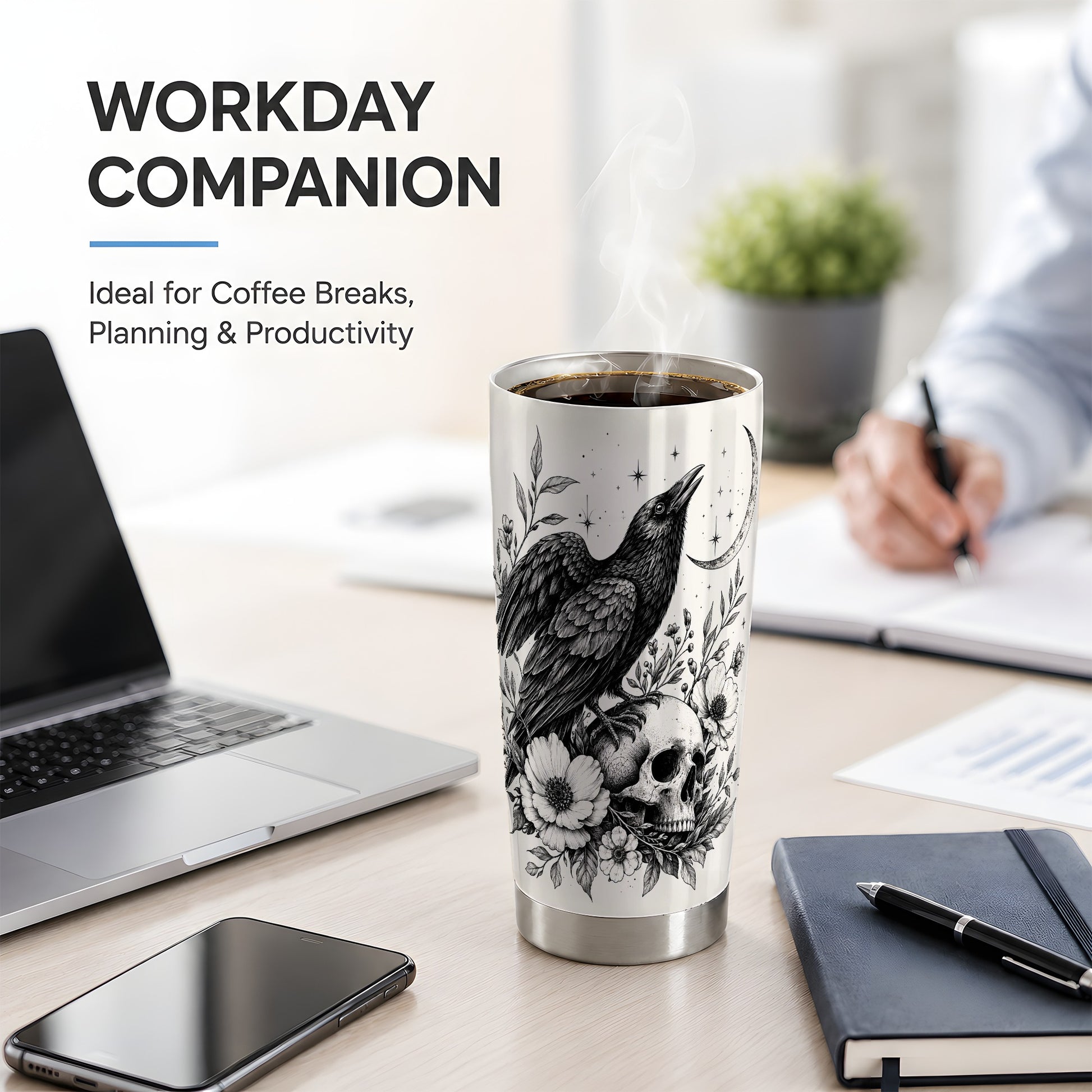 #pl[20oz|Steel] Raven Skull Floral 20oz Tumbler, Crescent Moon Gothic Art for Raven Fans
