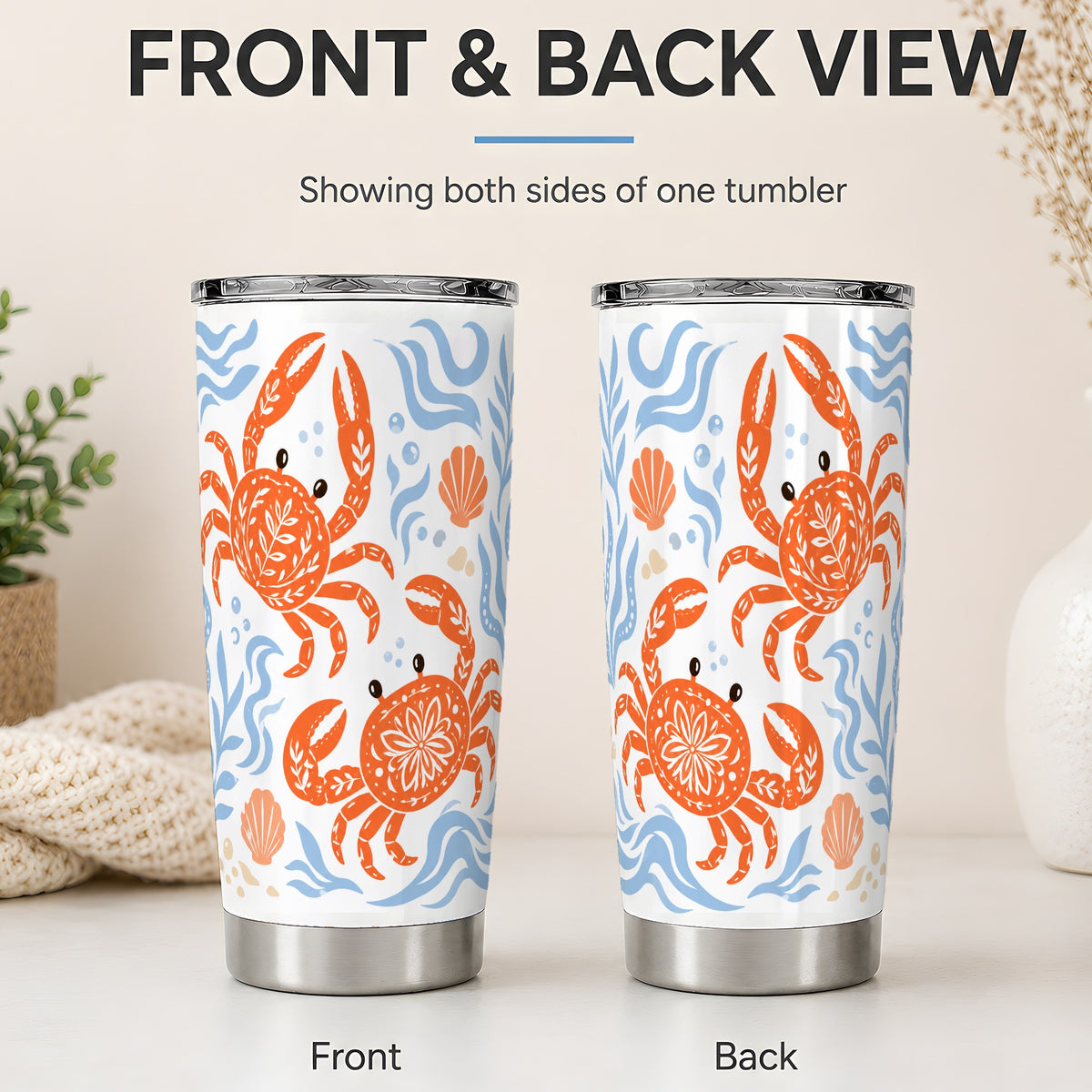 #pl[20oz|Steel] Folk Art Crab 20oz Tumbler, Coastal Sea Life Art for Ocean Lovers