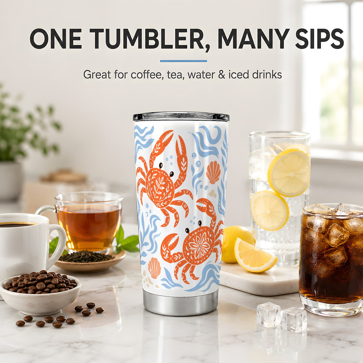 #pl[20oz|Steel] Folk Art Crab 20oz Tumbler, Coastal Sea Life Art for Ocean Lovers