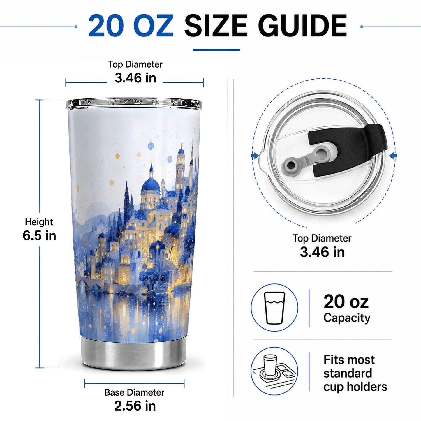 #pl[20oz|Steel] Blue Fantasy City 20oz Tumbler, Watercolor Nightscape Art for City Fans