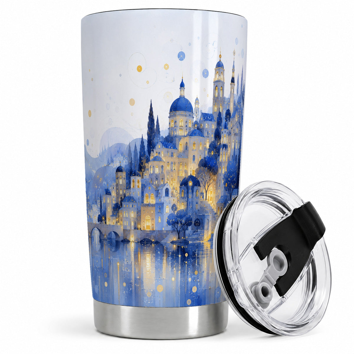Blue Fantasy City 20oz Tumbler, Watercolor Nightscape Art for City Fans