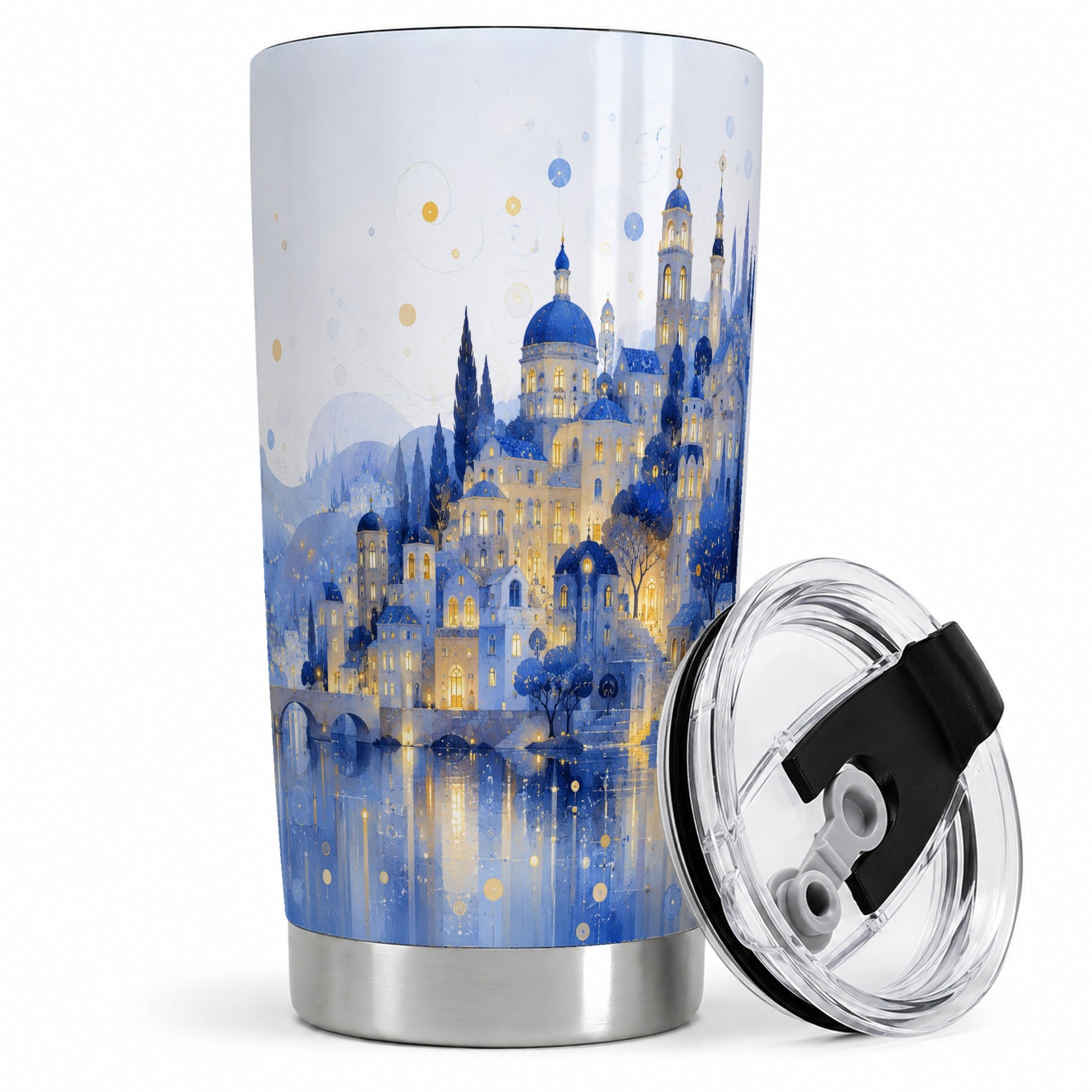 Blue Fantasy City 20oz Tumbler, Watercolor Nightscape Art for City Fans