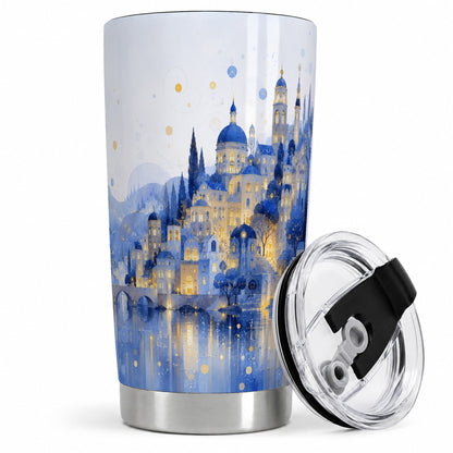 Blue Fantasy City 20oz Tumbler, Watercolor Nightscape Art for City Fans