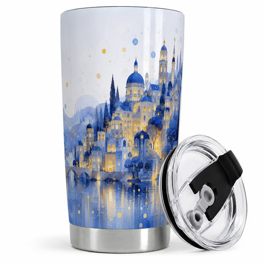 Blue Fantasy City 20oz Tumbler, Watercolor Nightscape Art for City Fans