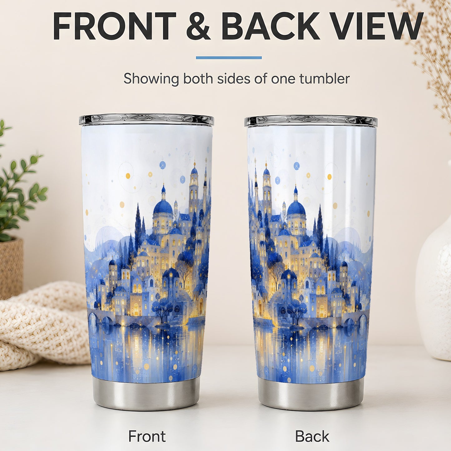 #pl[20oz|Steel] Blue Fantasy City 20oz Tumbler, Watercolor Nightscape Art for City Fans