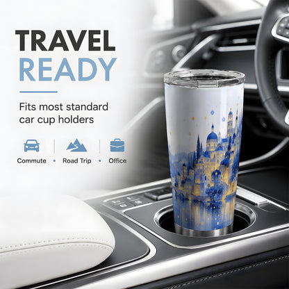 #pl[20oz|Steel] Blue Fantasy City 20oz Tumbler, Watercolor Nightscape Art for City Fans