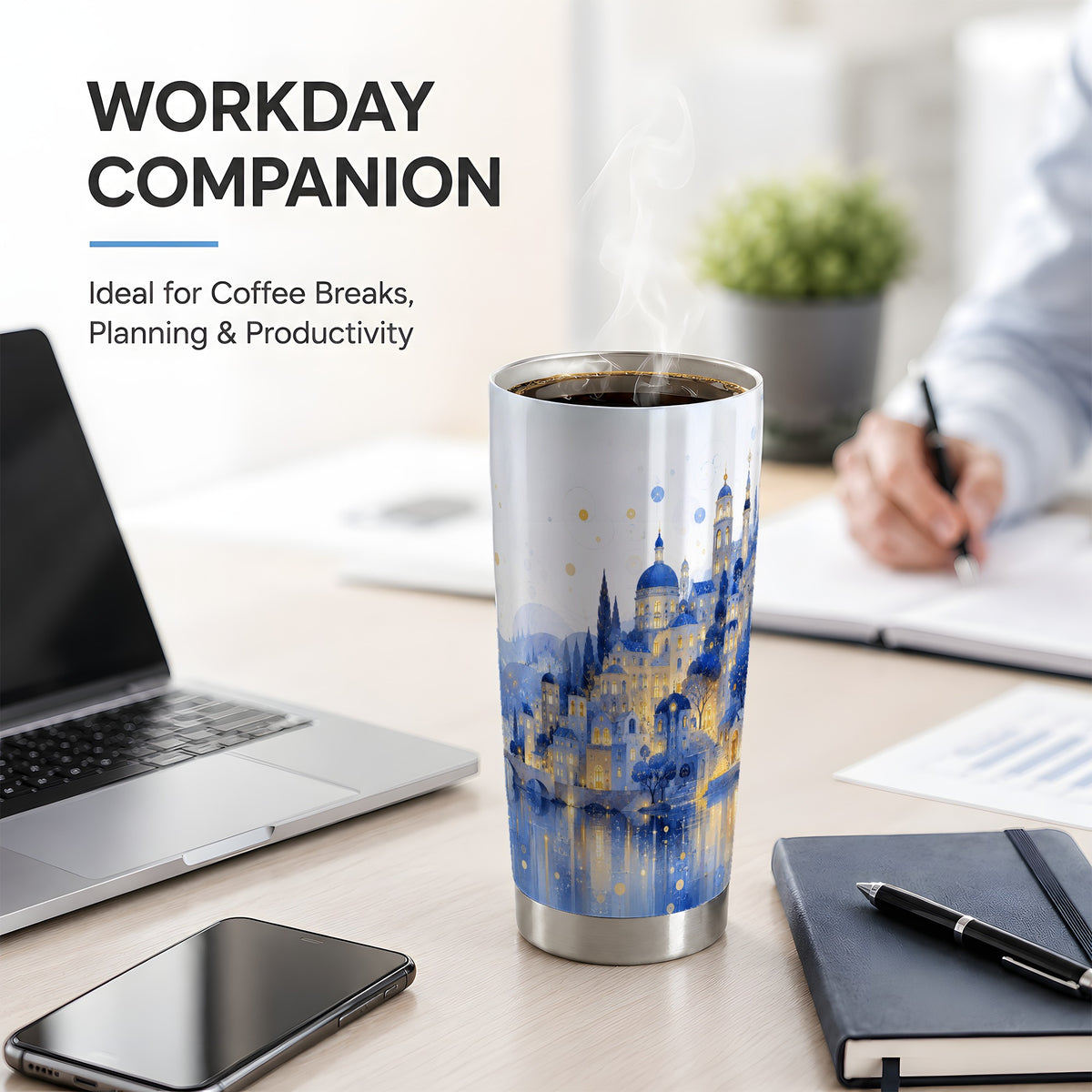#pl[20oz|Steel] Blue Fantasy City 20oz Tumbler, Watercolor Nightscape Art for City Fans