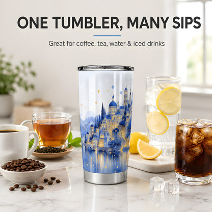 #pl[20oz|Steel] Blue Fantasy City 20oz Tumbler, Watercolor Nightscape Art for City Fans