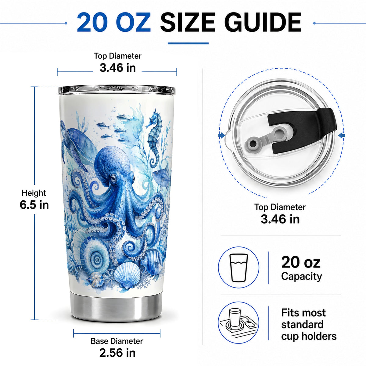 #pl[20oz|Steel] Blue Octopus 20oz Tumbler, Watercolor Ocean Life Art for Sea Fans