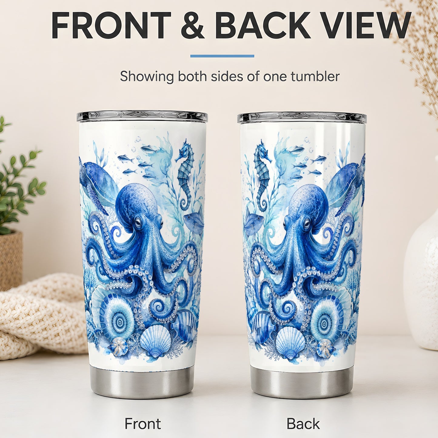 #pl[20oz|Steel] Blue Octopus 20oz Tumbler, Watercolor Ocean Life Art for Sea Fans