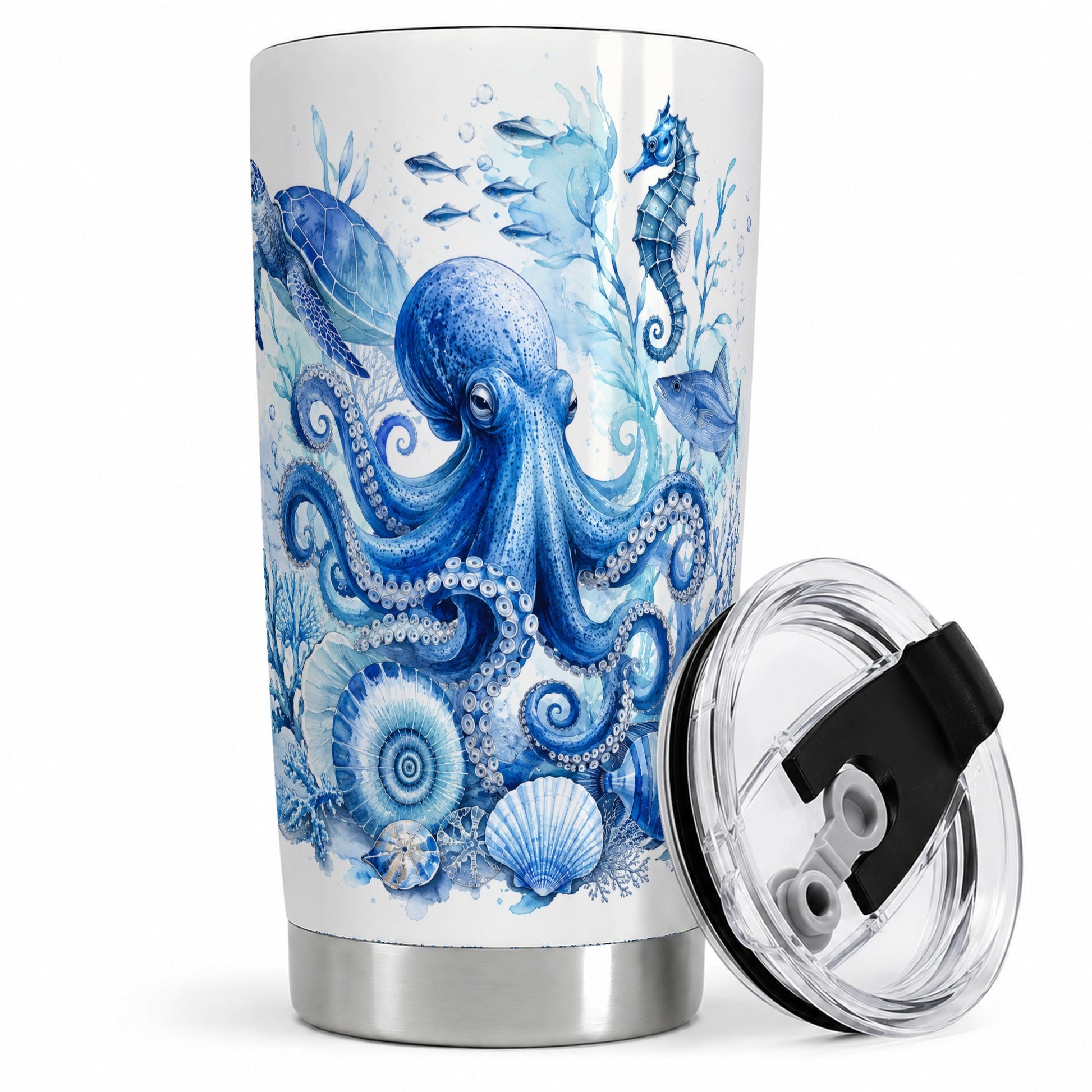 Blue Octopus 20oz Tumbler, Watercolor Ocean Life Art for Sea Fans