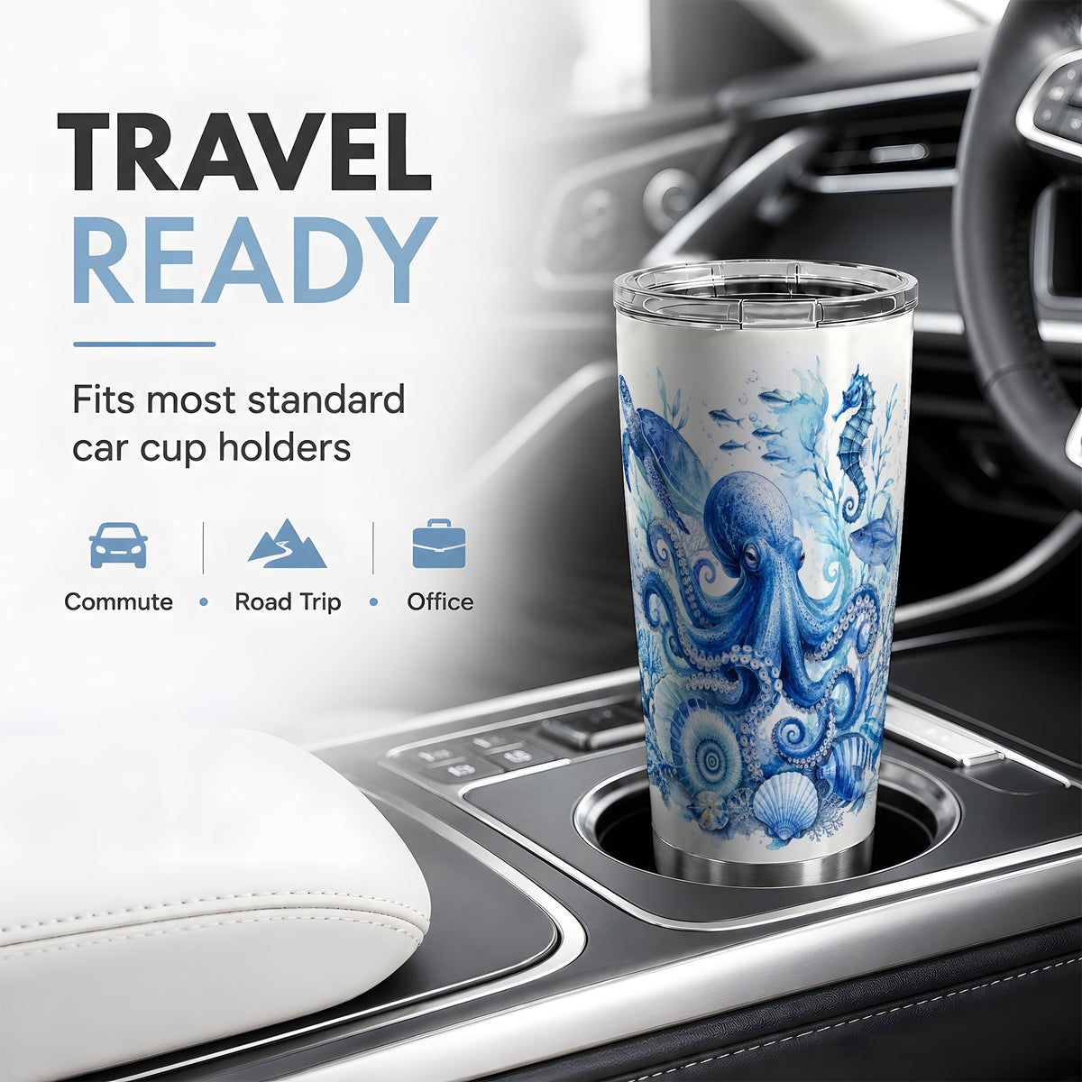 #pl[20oz|Steel] Blue Octopus 20oz Tumbler, Watercolor Ocean Life Art for Sea Fans