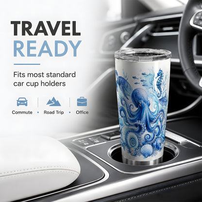 #pl[20oz|Steel] Blue Octopus 20oz Tumbler, Watercolor Ocean Life Art for Sea Fans