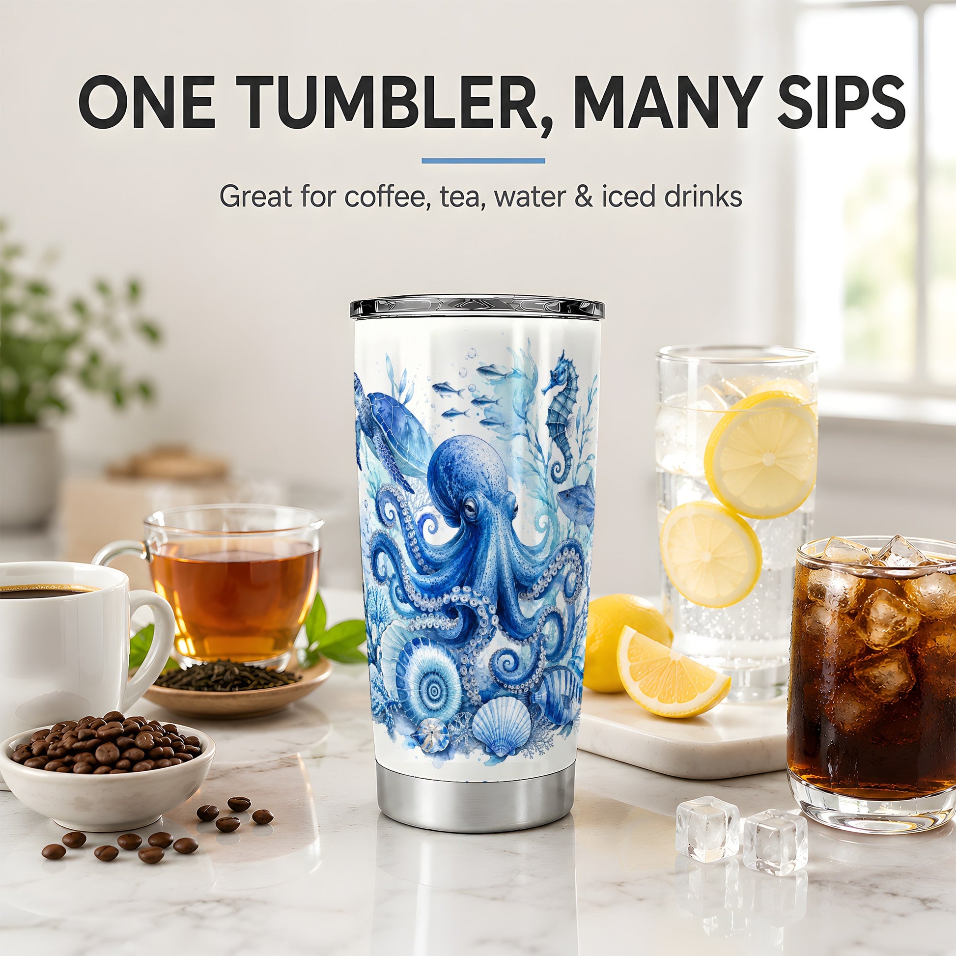 #pl[20oz|Steel] Blue Octopus 20oz Tumbler, Watercolor Ocean Life Art for Sea Fans