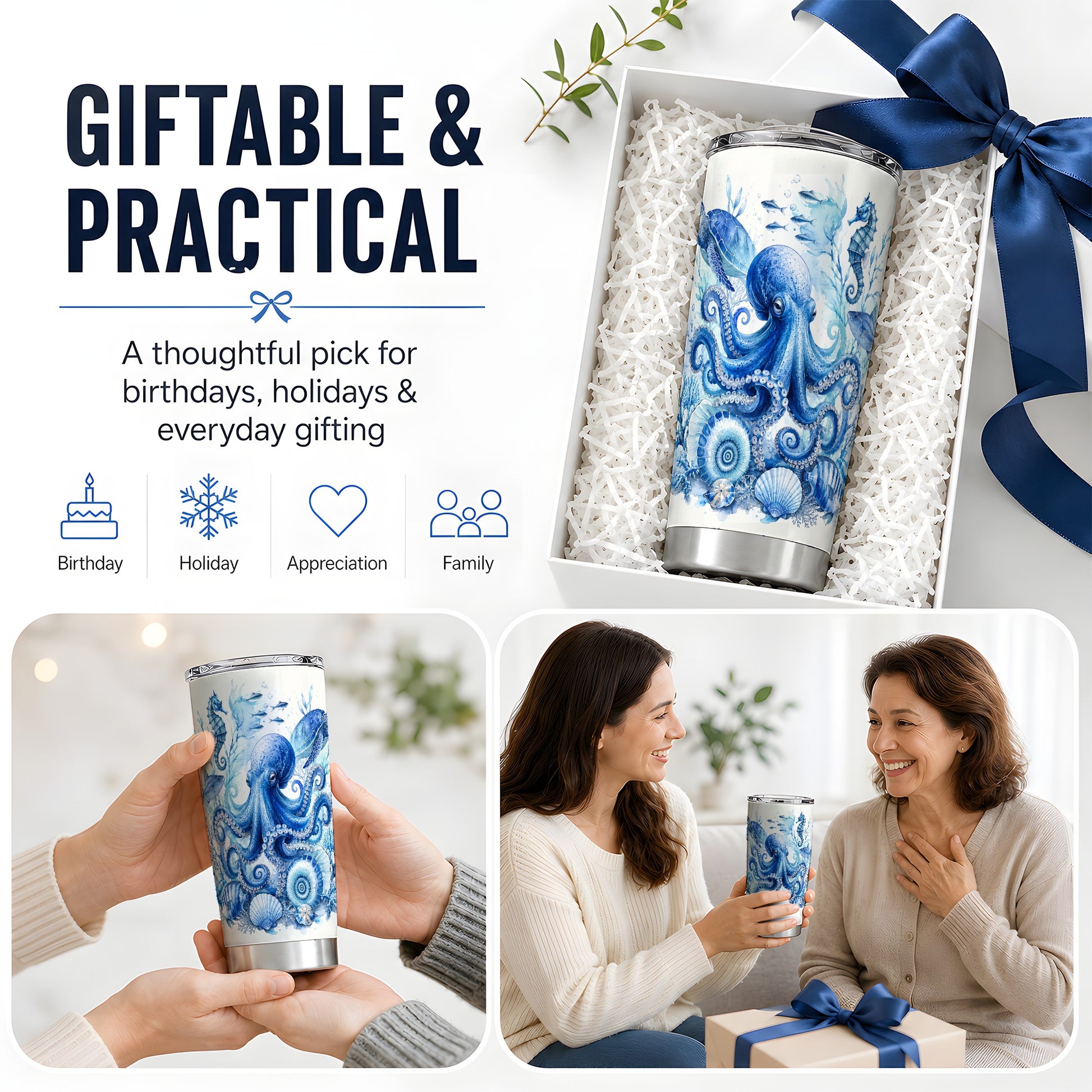 #pl[20oz|Steel] Blue Octopus 20oz Tumbler, Watercolor Ocean Life Art for Sea Fans