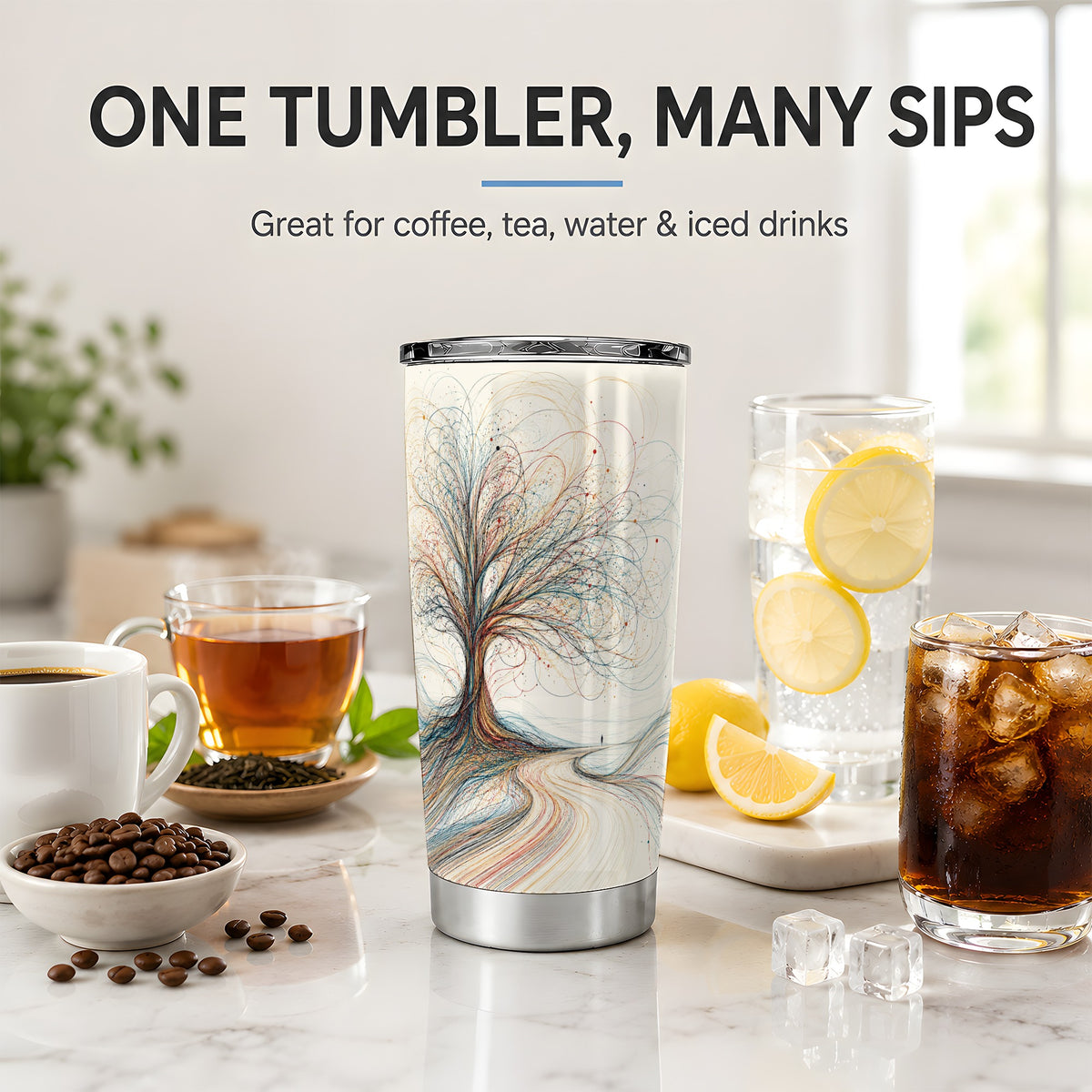 #pl[20oz|Steel] Abstract Tree 20oz Tumbler, Flowing Line Art for Modern Decor Fans