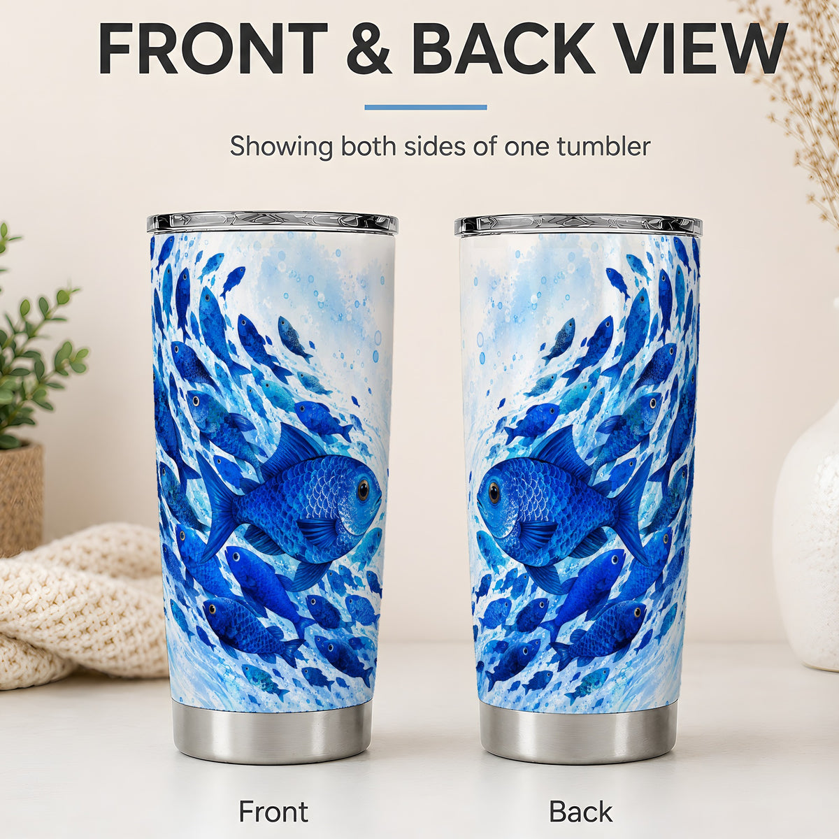 #pl[20oz|Steel] Blue Fish School 20oz Tumbler, Watercolor Ocean Art for Fish Fans