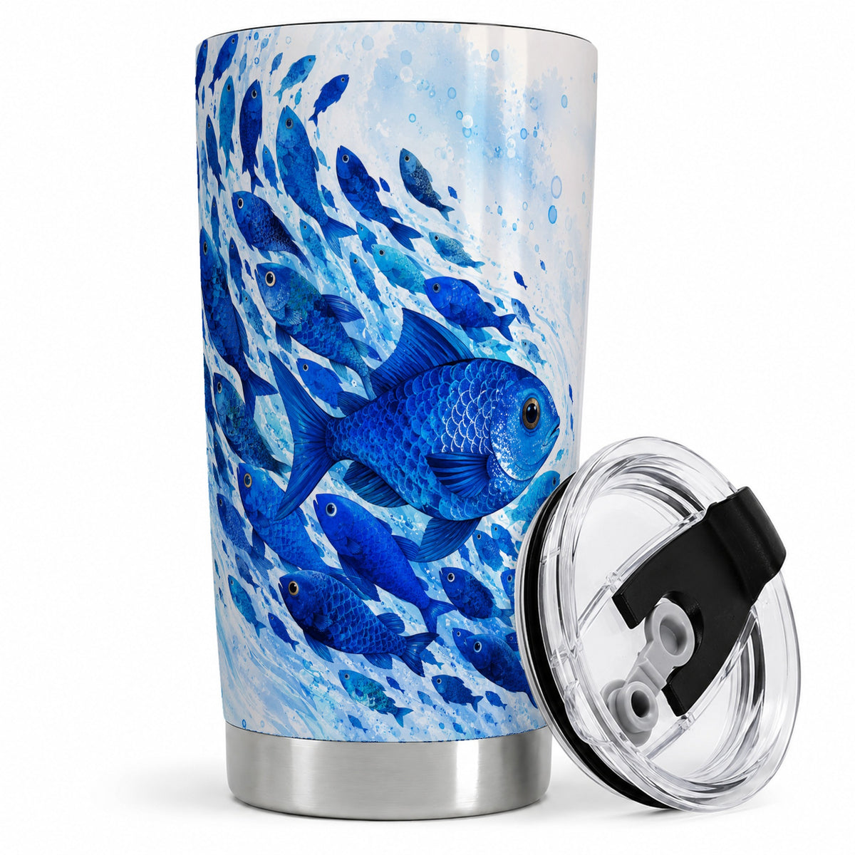 Blue Fish School 20oz Tumbler, Watercolor Ocean Art for Fish Fans