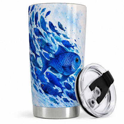 Blue Fish School 20oz Tumbler, Watercolor Ocean Art for Fish Fans
