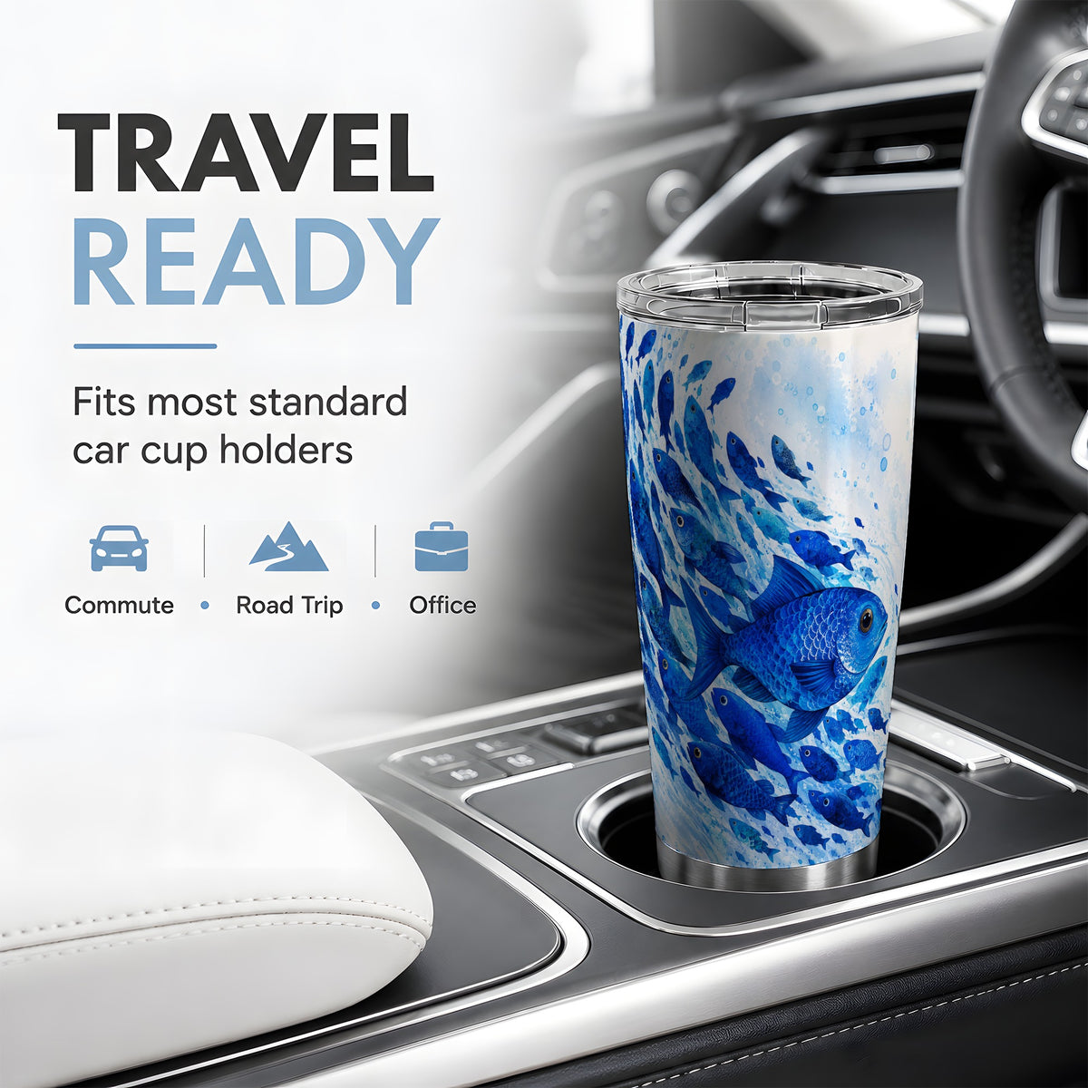 #pl[20oz|Steel] Blue Fish School 20oz Tumbler, Watercolor Ocean Art for Fish Fans
