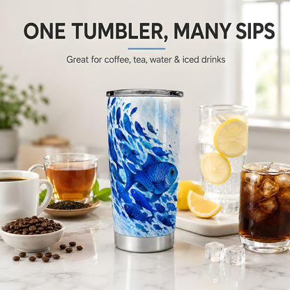 #pl[20oz|Steel] Blue Fish School 20oz Tumbler, Watercolor Ocean Art for Fish Fans