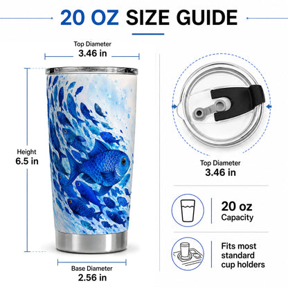 #pl[20oz|Steel] Blue Fish School 20oz Tumbler, Watercolor Ocean Art for Fish Fans