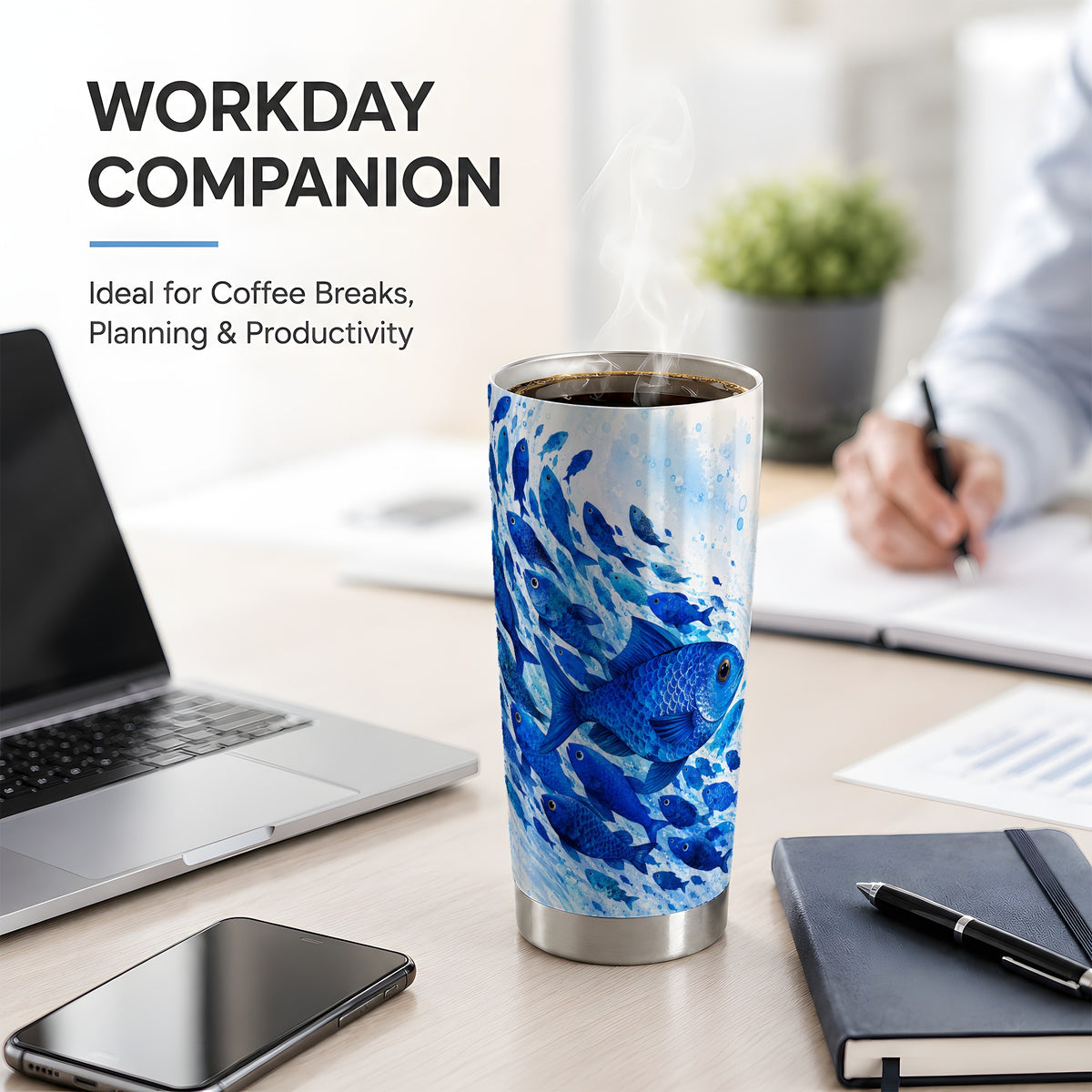 #pl[20oz|Steel] Blue Fish School 20oz Tumbler, Watercolor Ocean Art for Fish Fans