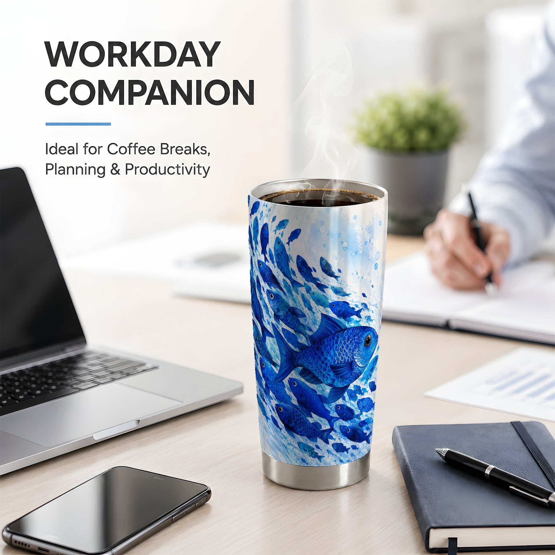 #pl[20oz|Steel] Blue Fish School 20oz Tumbler, Watercolor Ocean Art for Fish Fans