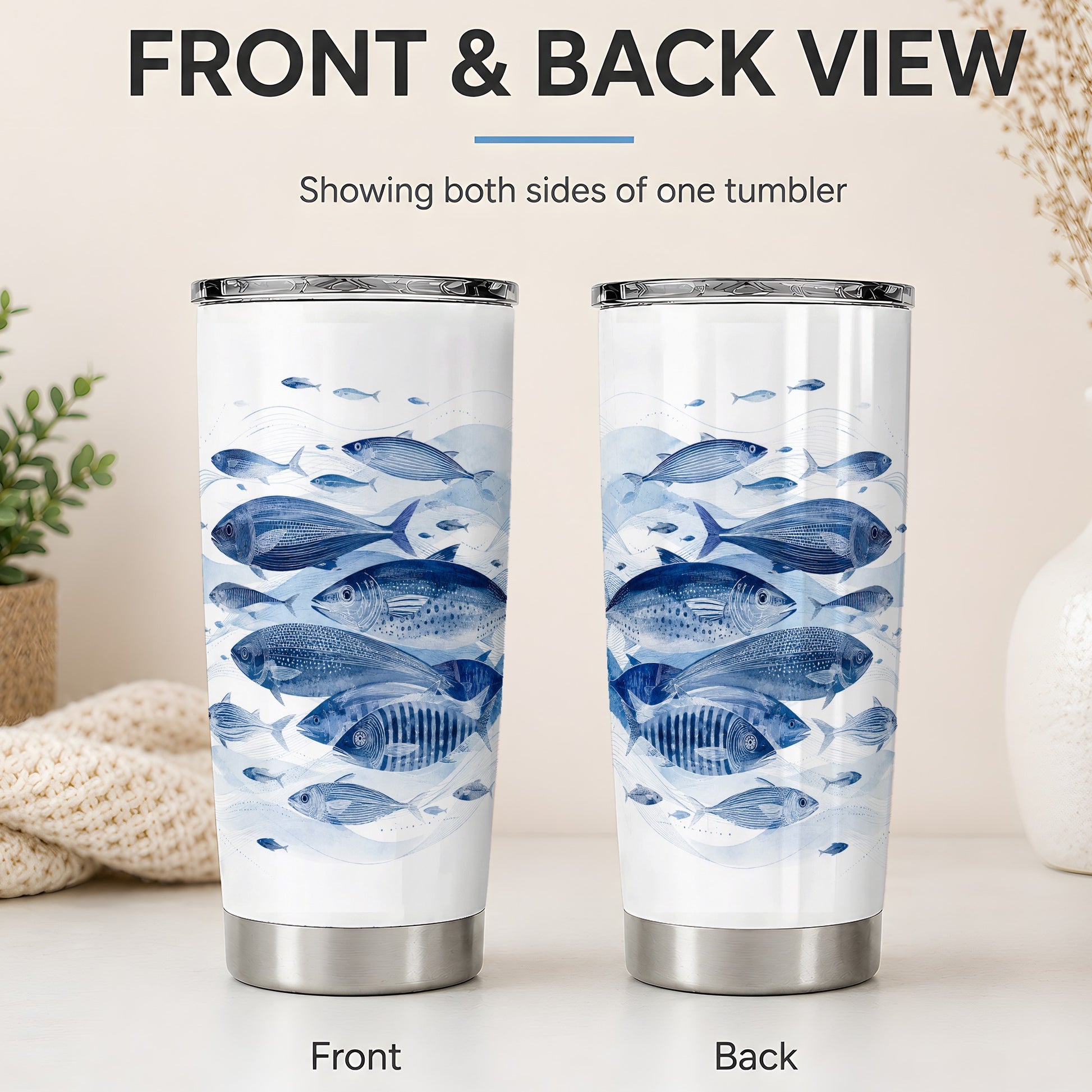#pl[20oz|Steel] Blue Fish 20oz Tumbler, Minimal Watercolor Ocean Art for Fish Fans