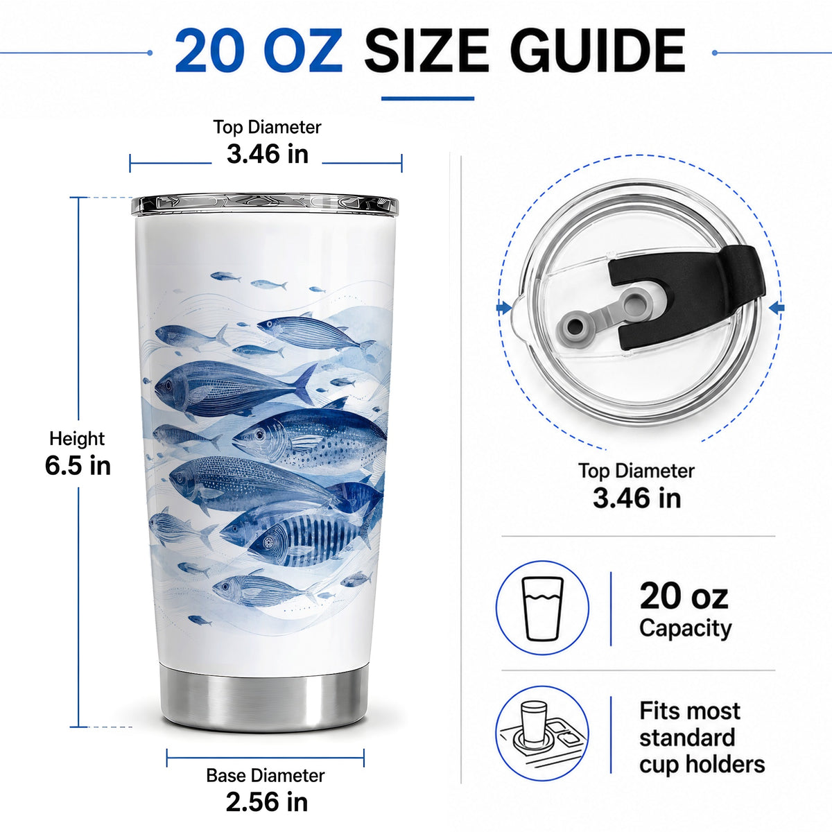#pl[20oz|Steel] Blue Fish 20oz Tumbler, Minimal Watercolor Ocean Art for Fish Fans