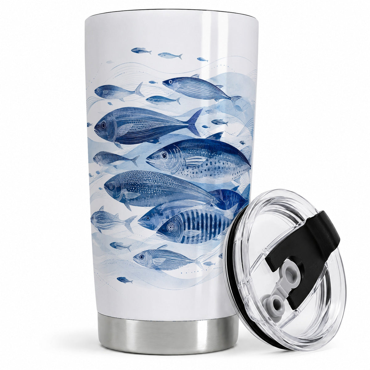 Blue Fish 20oz Tumbler, Minimal Watercolor Ocean Art for Fish Fans