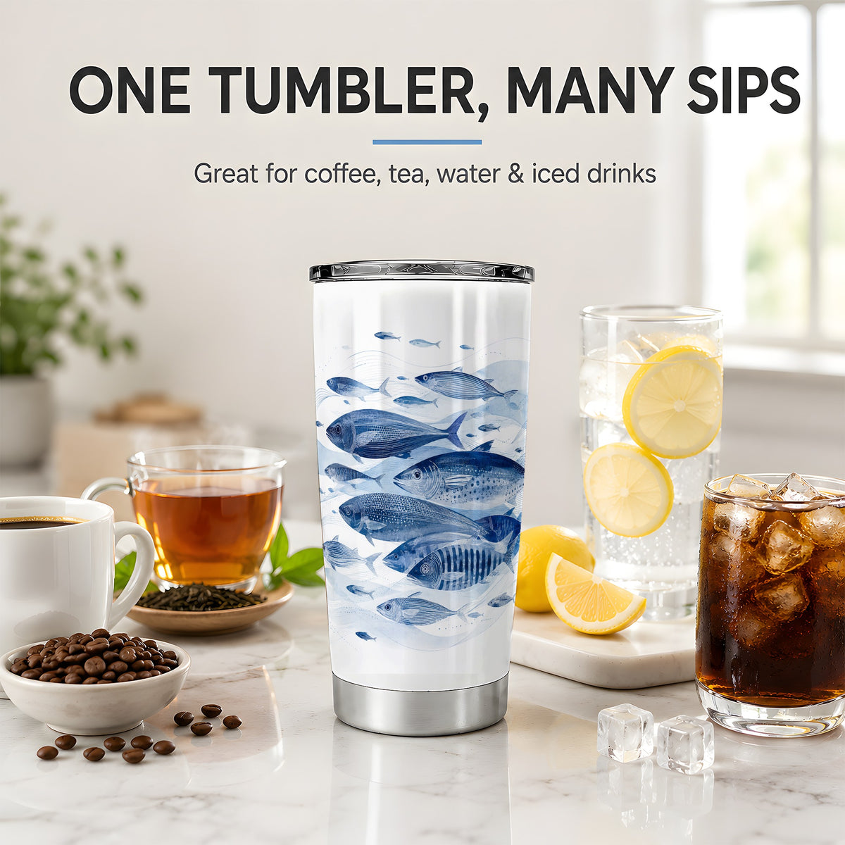 #pl[20oz|Steel] Blue Fish 20oz Tumbler, Minimal Watercolor Ocean Art for Fish Fans