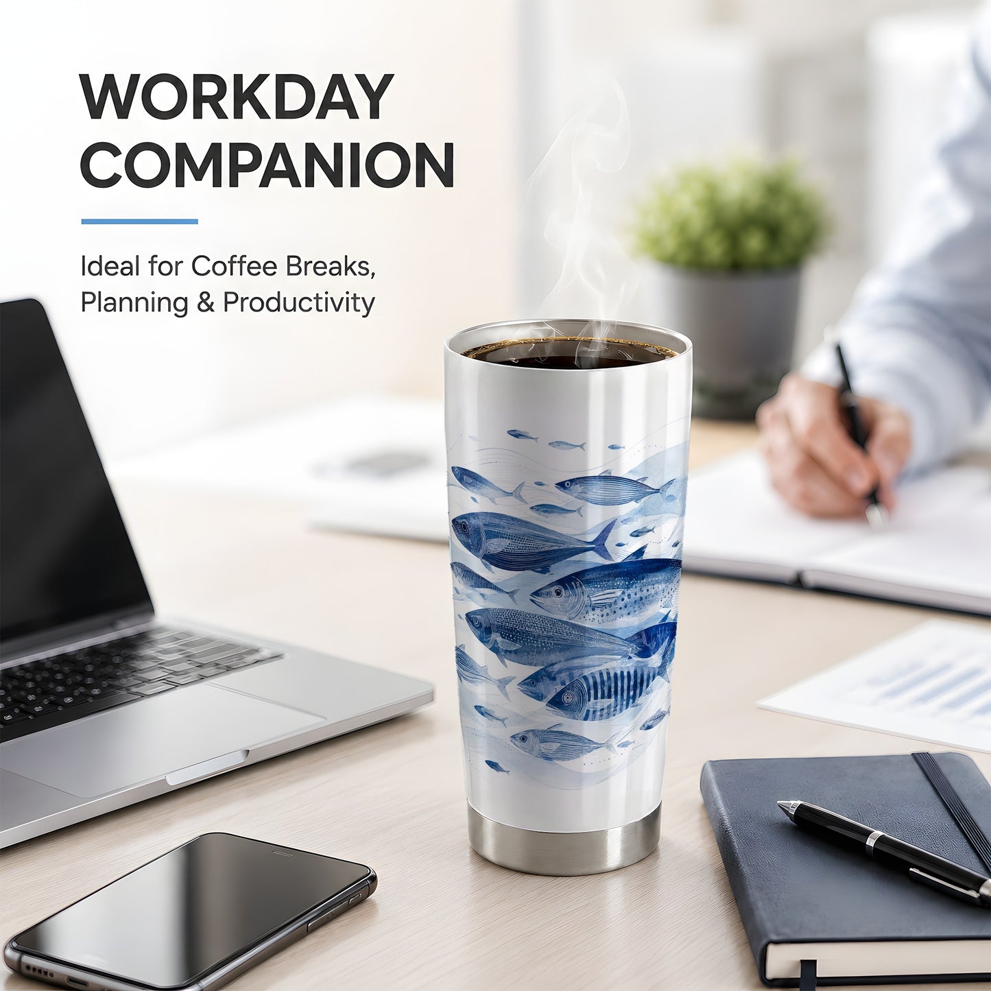 #pl[20oz|Steel] Blue Fish 20oz Tumbler, Minimal Watercolor Ocean Art for Fish Fans