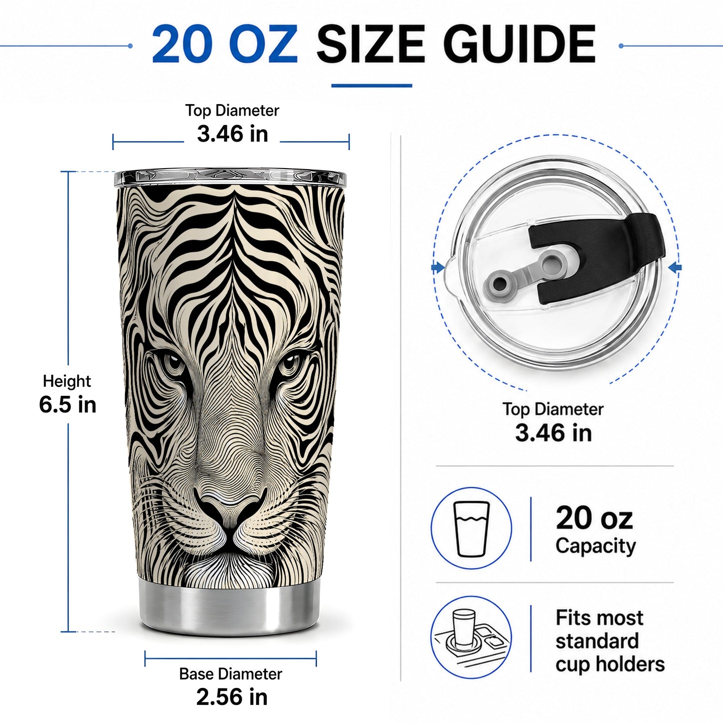 #pl[20oz|Steel] Optical Tiger 20oz Tumbler, Monochrome Flowing Line Art for Tiger Fans