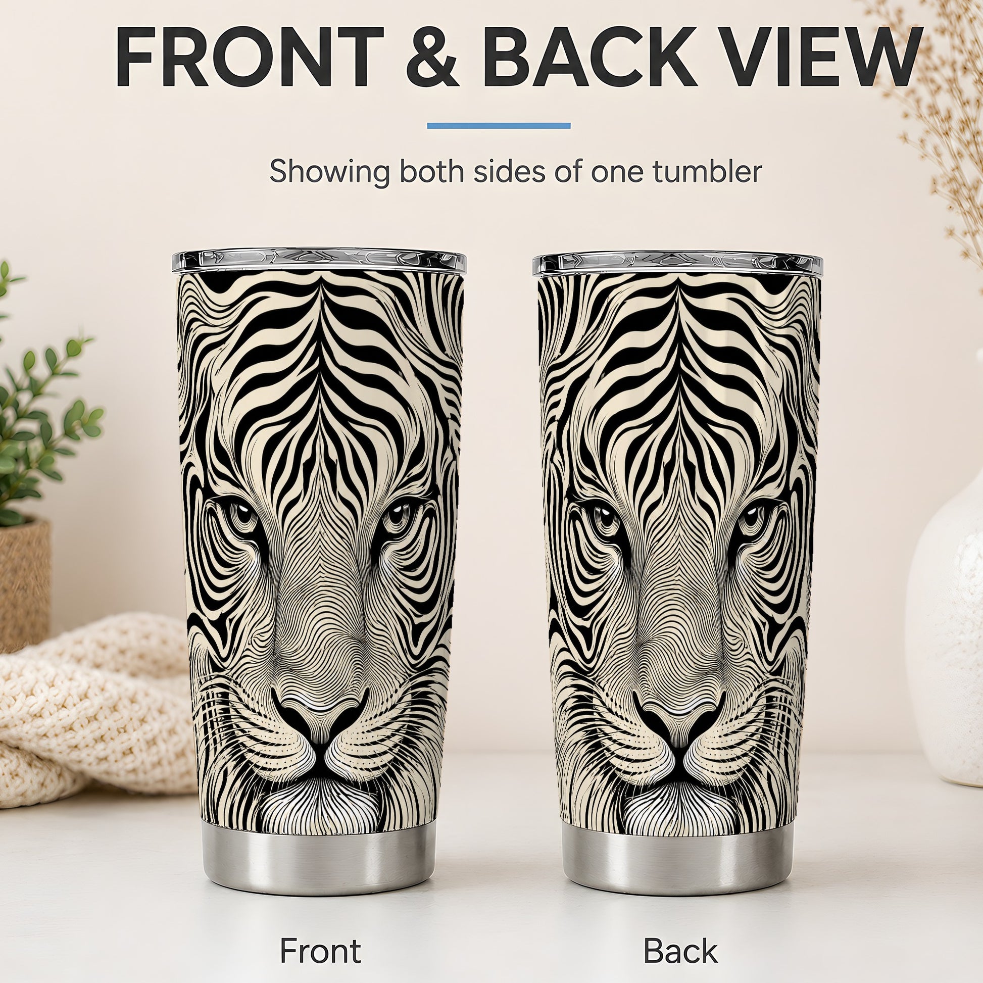 #pl[20oz|Steel] Optical Tiger 20oz Tumbler, Monochrome Flowing Line Art for Tiger Fans