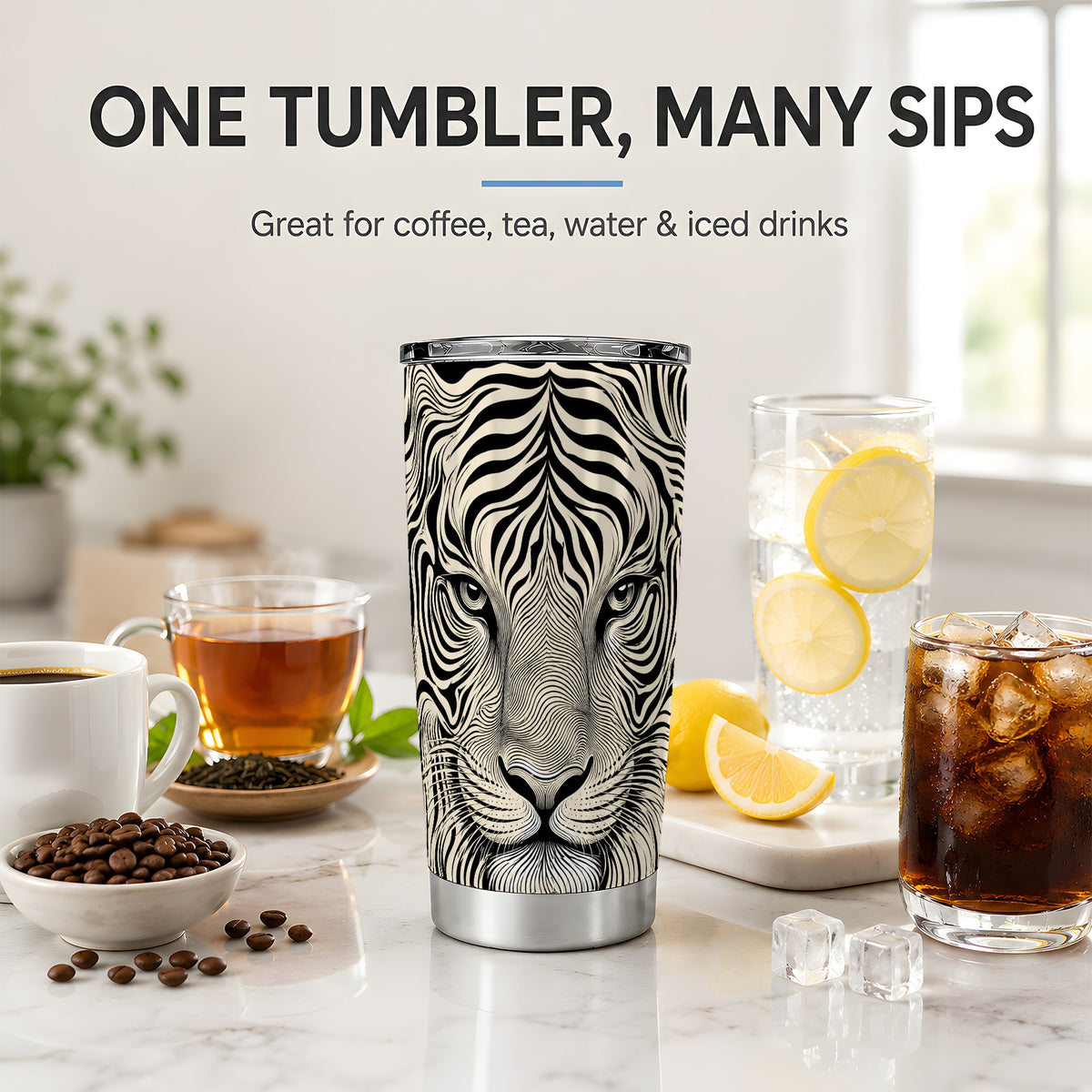 #pl[20oz|Steel] Optical Tiger 20oz Tumbler, Monochrome Flowing Line Art for Tiger Fans