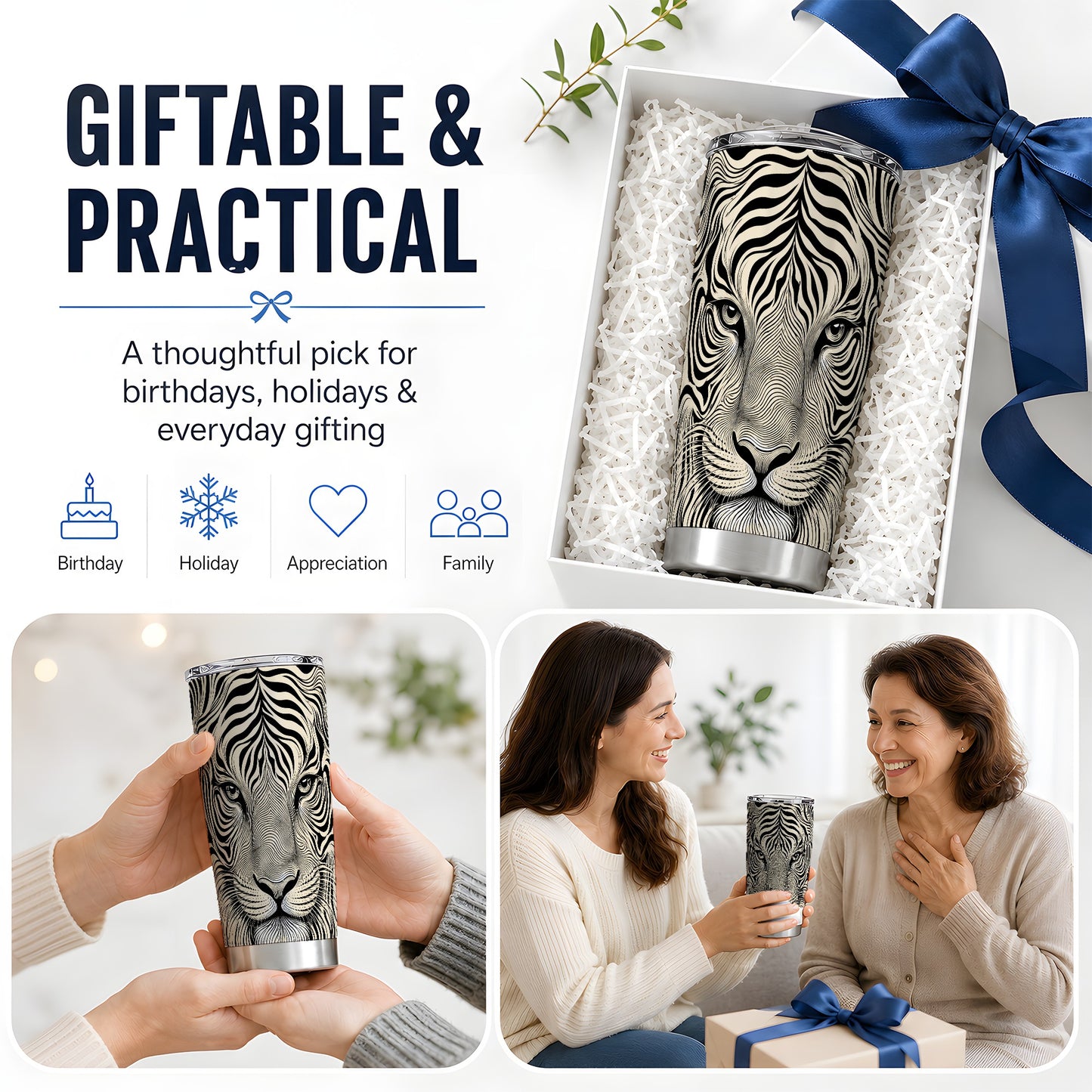 #pl[20oz|Steel] Optical Tiger 20oz Tumbler, Monochrome Flowing Line Art for Tiger Fans