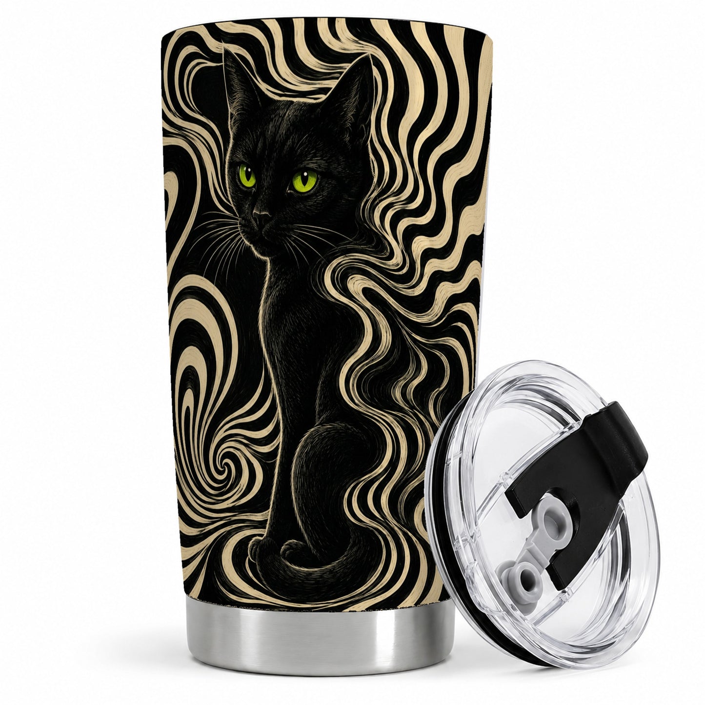 Black Cat Swirl 20oz Tumbler, Green Eye Optical Art for Cat Lovers